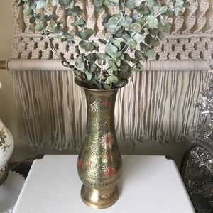 Vintage Brass Floral Etched Vase
